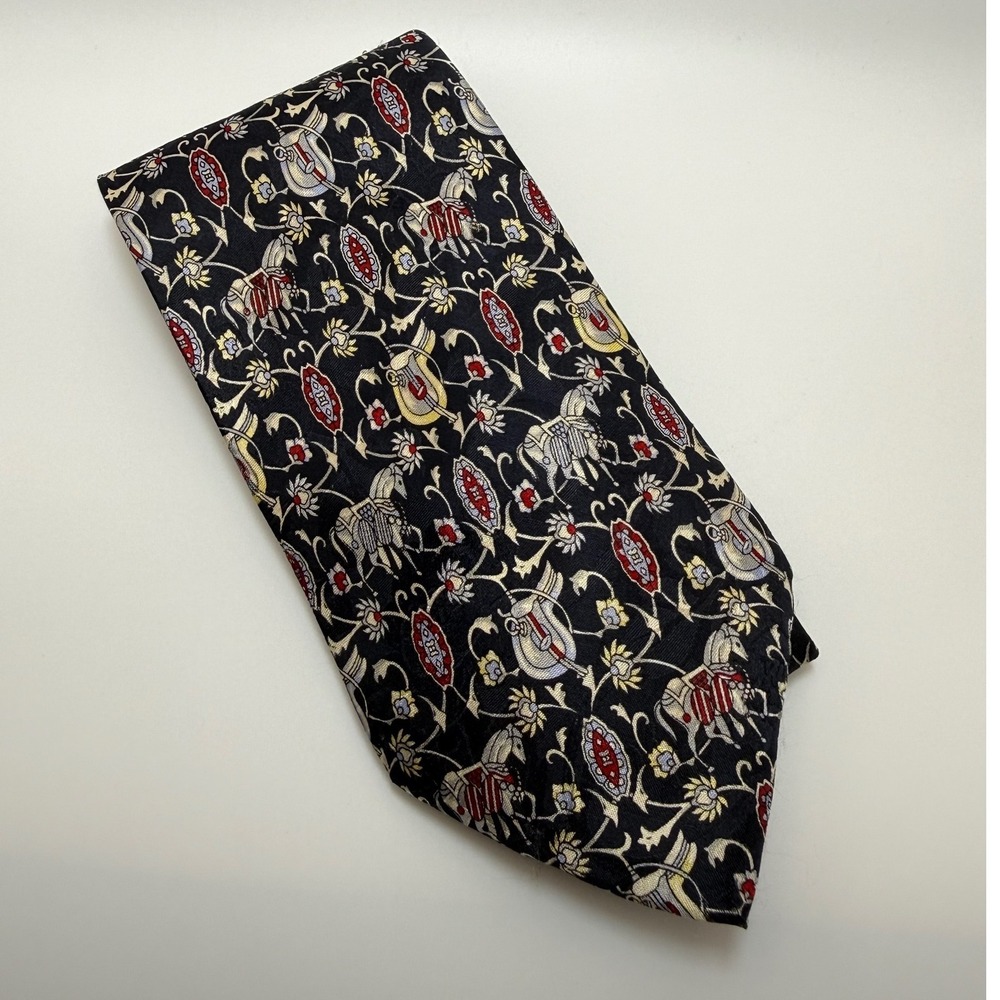 Marco Polo Silk Necktie 4" Equestrian Horse Floral Medallion Italian Style Navy
